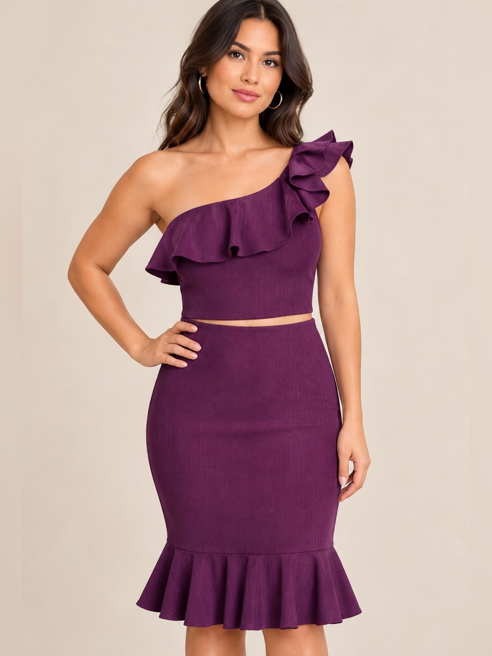 Express One-Shoulder Ruffle Pencil Dress top and dress together - Plum